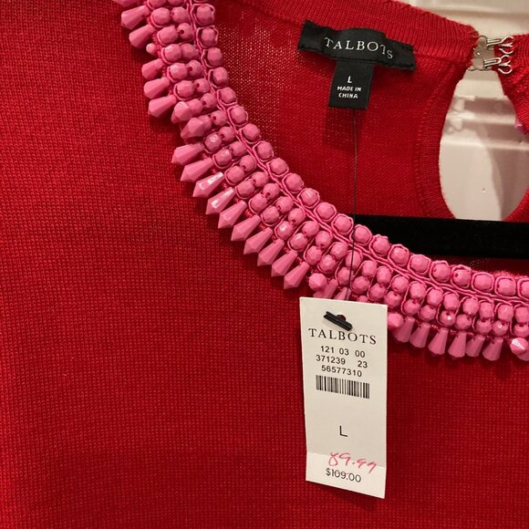 NWT Talbots Red Pink Beaded Crewneck Sweater Pullover Size Large Valentine's Day - Picture 4 of 6